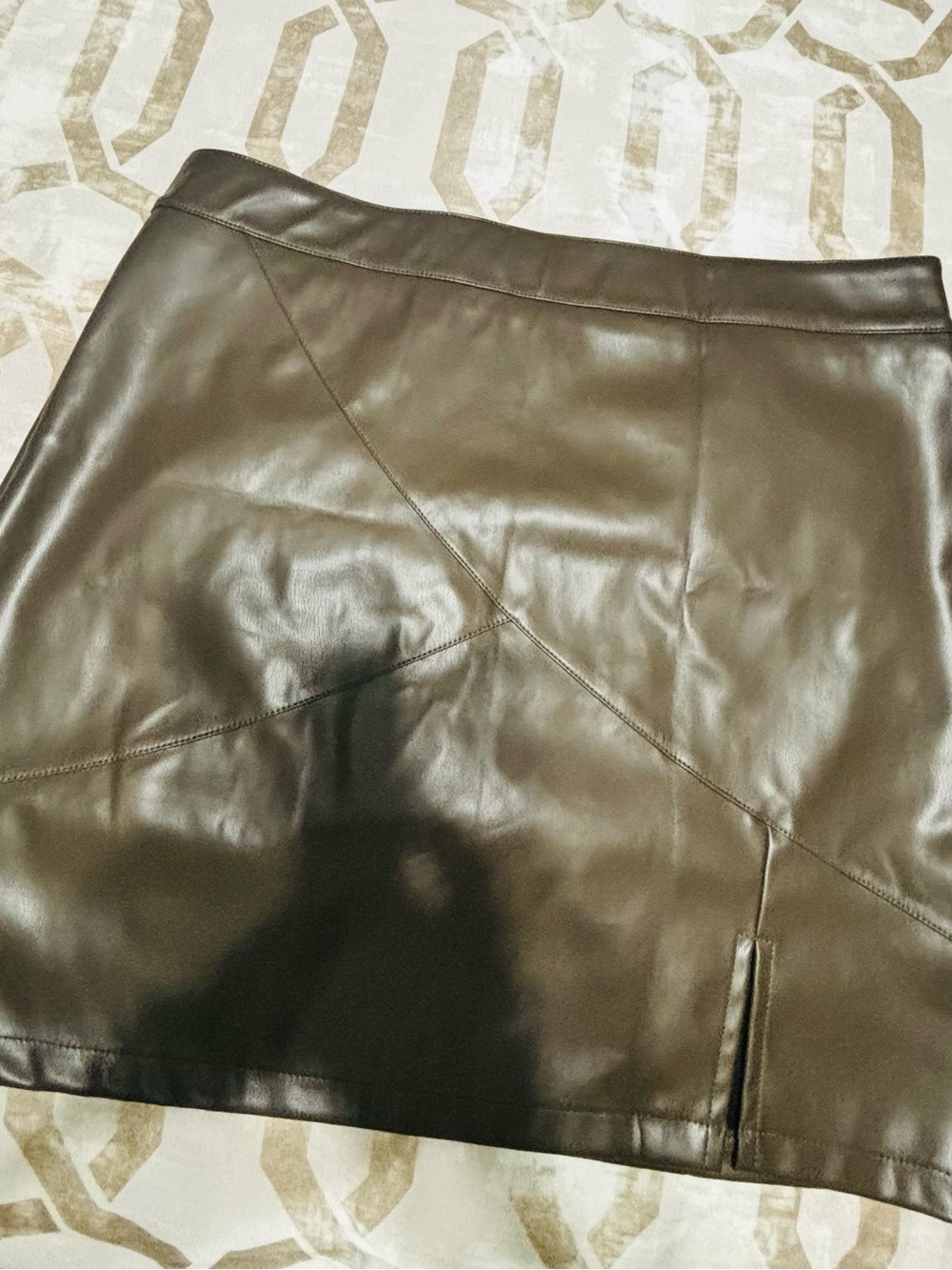 Black Faux Leather Mini Skirt with Front Slit